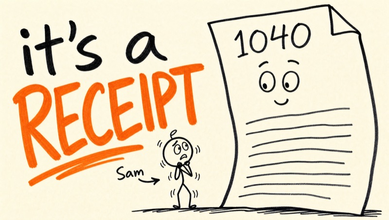 doodle: sam, a wobbly stick figure, standing in front of a harmless giant 1040 form — 'it's a receipt'