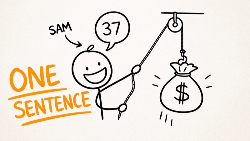 doodle: a speech bubble lifting a money bag with a pulley — 'one sentence'
